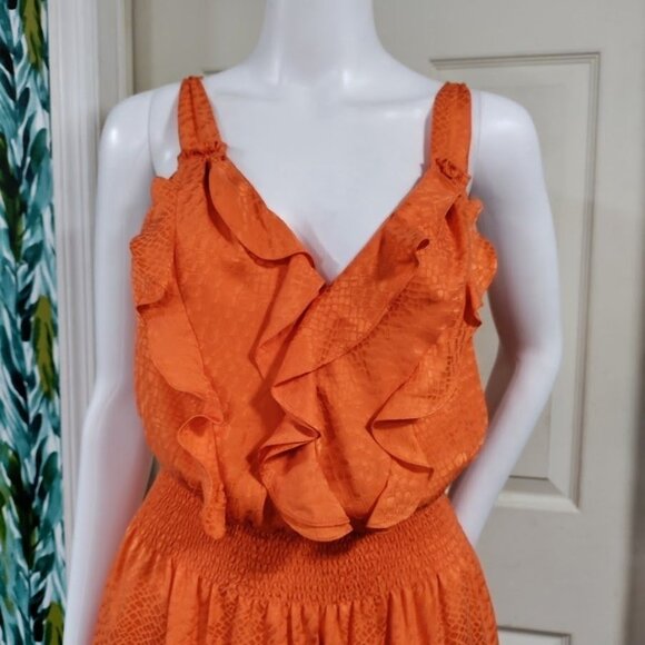 Rebecca Taylor 100% Silk Ruffled Blouson Summer Dress Vibrant Orange Women's 8 - Picture 3 of 15